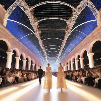 The fashion show was held in a stunning domed stadium, with models strutting down the runway beneath the shimmering lights.