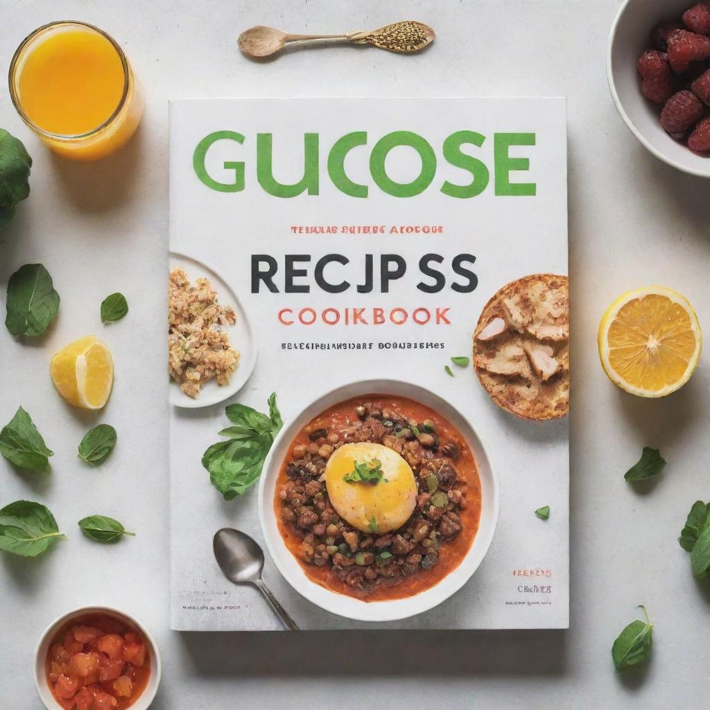 A book cover design for 'Glucose Recipes Cookbook', featuring recipes arranged aesthetically with a balance of sweet and savory meals, garnishes, and food ingredients associated with glucose management.