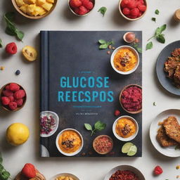 A book cover design for 'Glucose Recipes Cookbook', featuring recipes arranged aesthetically with a balance of sweet and savory meals, garnishes, and food ingredients associated with glucose management.