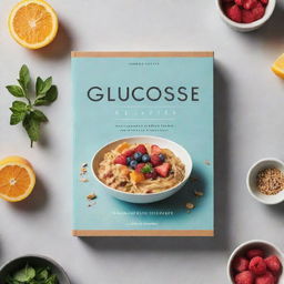 A book cover design for 'Glucose Recipes Cookbook', featuring recipes arranged aesthetically with a balance of sweet and savory meals, garnishes, and food ingredients associated with glucose management.