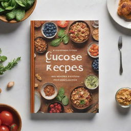 A book cover design for 'Glucose Recipes Cookbook', featuring recipes arranged aesthetically with a balance of sweet and savory meals, garnishes, and food ingredients associated with glucose management.