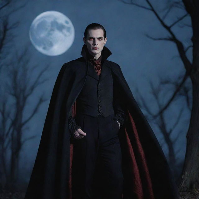 A captivating image of a classic vampire with charismatic red eyes, pale skin, clad in a Victorian era outfit, raising his black cloak against a full moon background.