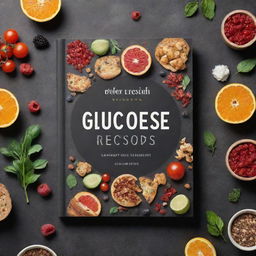 Editable book cover design for 'Glucose Recipes Cookbook', featuring a balanced arrangement of sweet and savory meals, garnishes, and food ingredients symbolizing glucose management.