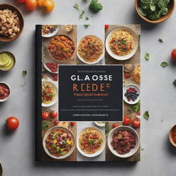 Editable book cover design for 'Glucose Recipes Cookbook', featuring a balanced arrangement of sweet and savory meals, garnishes, and food ingredients symbolizing glucose management.