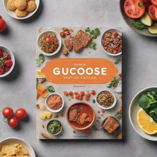 Editable book cover design for 'Glucose Recipes Cookbook', featuring a balanced arrangement of sweet and savory meals, garnishes, and food ingredients symbolizing glucose management.