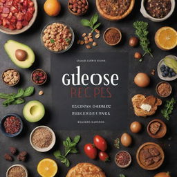 Editable book cover design for 'Glucose Recipes Cookbook', featuring a balanced arrangement of sweet and savory meals, garnishes, and food ingredients symbolizing glucose management.