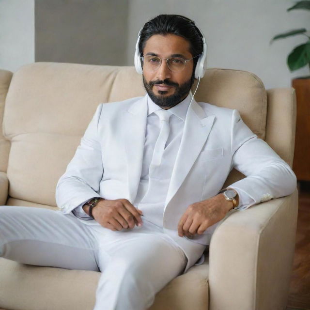 A fit, slightly fair Indian man without a beard, wearing a white three-piece suit. He is relaxing on a recliner, listening to music through Apple AirPods. He exudes a sense of satisfaction and wealth, implying he may be an entrepreneur. He also wears glasses and a watch, has medium-sized head and hair, and appears in a meditative, tranquil state