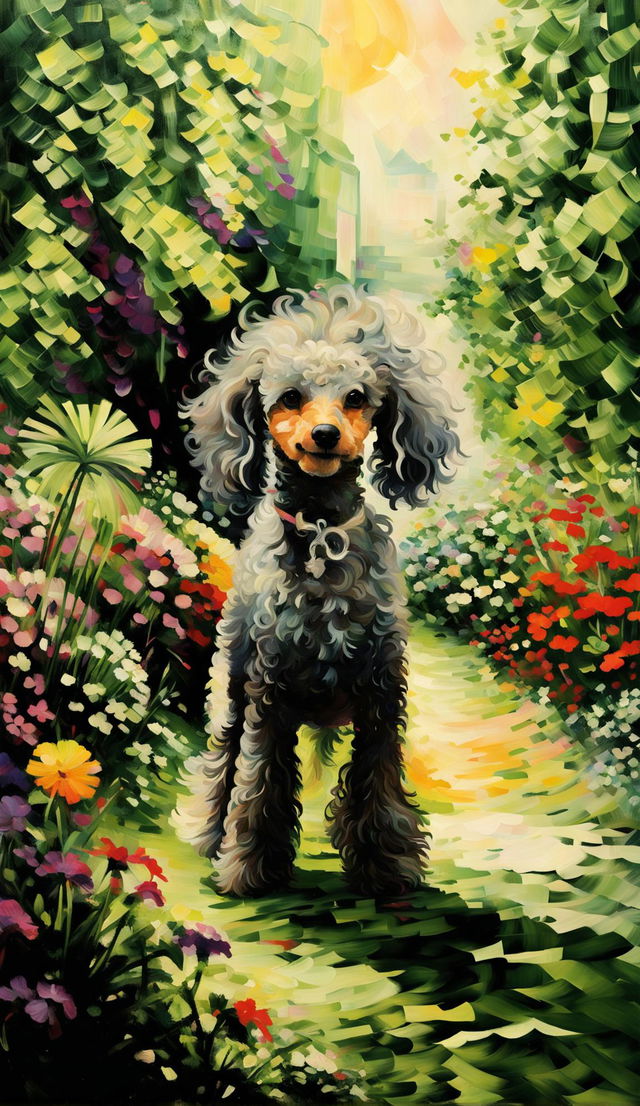 Impressionist painting of a summer day in a park with botanical gardens featuring a poodle.