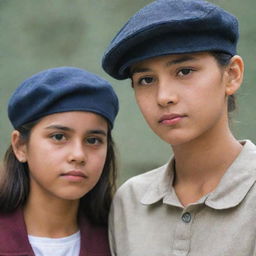 A girl wearing a side cap, staring at a boy