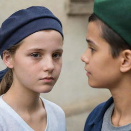 A girl wearing a side cap, staring at a boy