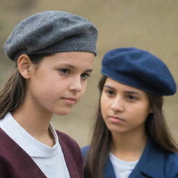 A girl wearing a side cap, staring at a boy