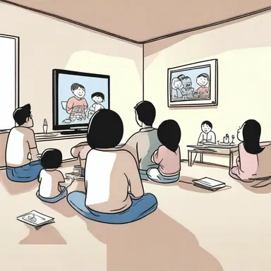 The parents overlook their children while watching cartoons on television.
