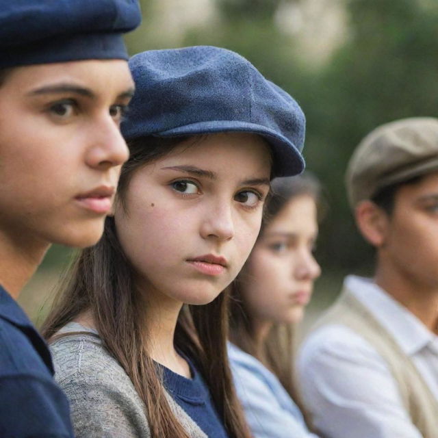 A girl wearing a side cap, staring at a boy