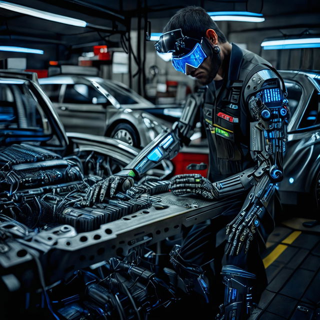 A mostly human mechanic with subtle cybernetic enhancements works in an auto-shop filled with various vehicles. His arm houses various tools beneath the skin, and his eye glows blue when using its advanced sensor capabilities. He is working on a half-assembled car engine under the harsh white light of overhead fluorescents.