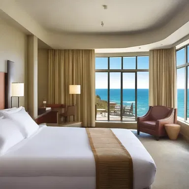The hotel room has large windows that overlook the beautiful ocean.