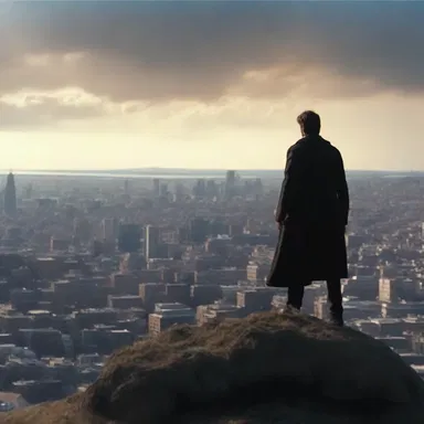 The protagonist stands on top of the hill and overlooks the entire city in the final scene of the movie.