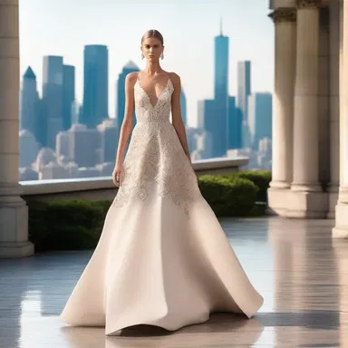 The model walks down the runway wearing a stunning gown that overlooks the city skyline.