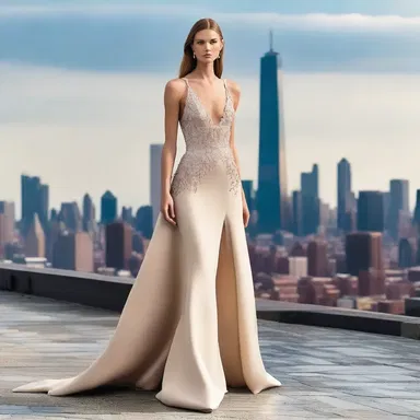 The model walks down the runway wearing a stunning gown that overlooks the city skyline.