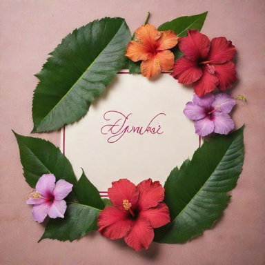 Design a thank you card featuring coconut oil flowing onto henna leaves, surrounded by hibiscus flowers, amla, leaves, and onions. Ensure there's space for text insertion.