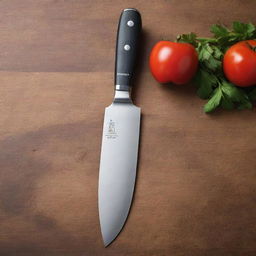 Generate a unique and high-quality image of a chef knife. The design should be innovative and premium, suitable for selling on Amazon.