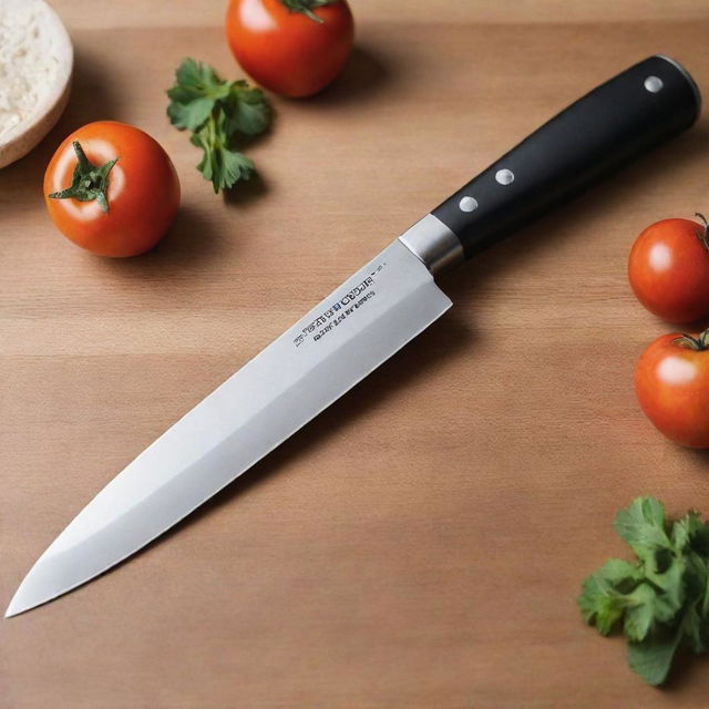 Generate a unique and high-quality image of a chef knife. The design should be innovative and premium, suitable for selling on Amazon.