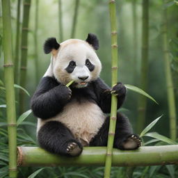 A cute panda contentedly munching on bamboo amidst the lush greenery of a tranquil jungle.