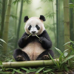 A cute panda contentedly munching on bamboo amidst the lush greenery of a tranquil jungle.