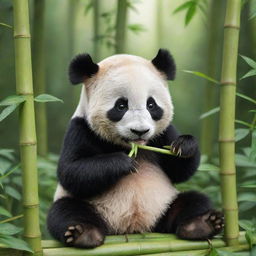 A cute panda contentedly munching on bamboo amidst the lush greenery of a tranquil jungle.