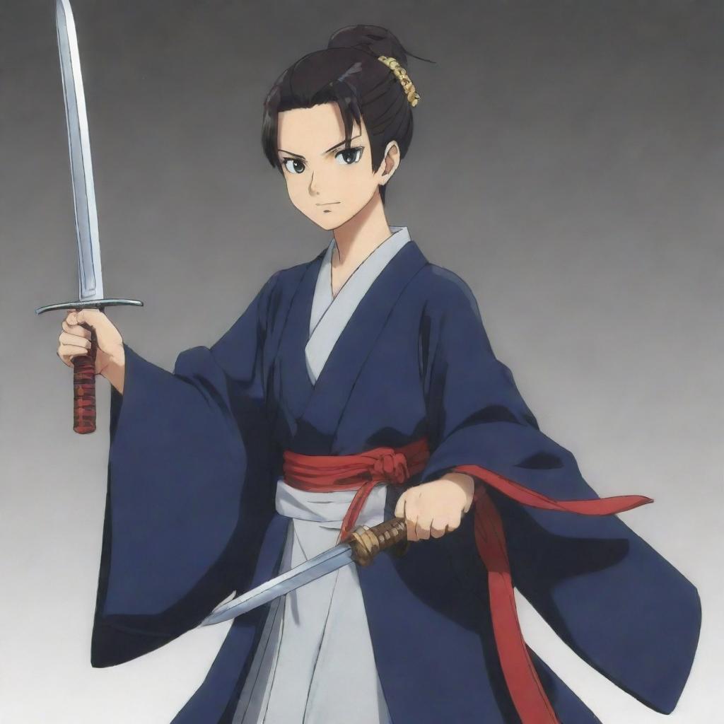 An anime character, dressed in traditional Japanese attire, brandishing a sword. The blade of the sword has the word 'Jitendra' etched onto it.