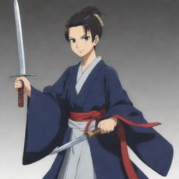 An anime character, dressed in traditional Japanese attire, brandishing a sword. The blade of the sword has the word 'Jitendra' etched onto it.