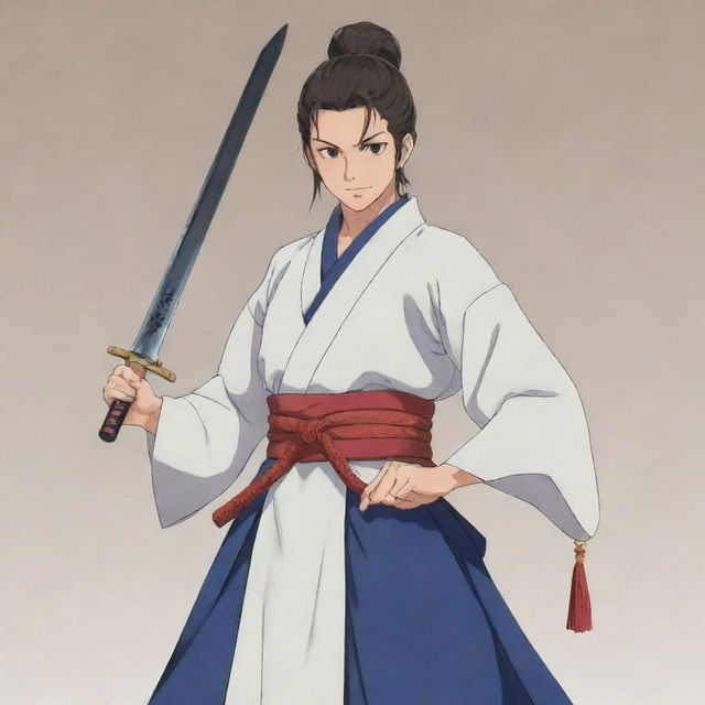 An anime character, dressed in traditional Japanese attire, brandishing a sword. The blade of the sword has the word 'Jitendra' etched onto it.