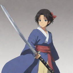 An anime character, dressed in traditional Japanese attire, brandishing a sword. The blade of the sword has the word 'Jitendra' etched onto it.