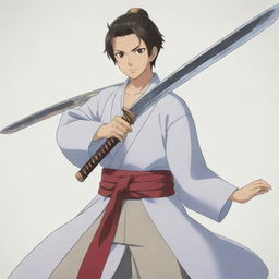 An anime character, dressed in traditional Japanese attire, brandishing a sword. The blade of the sword has the word 'Jitendra' etched onto it.