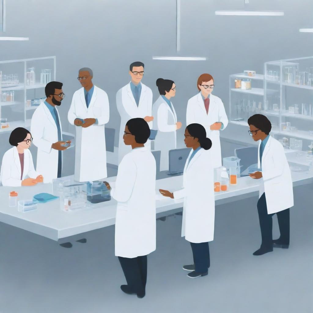 Illustration of a diverse group of scientists in a well-equipped laboratory, exchanging ideas and conducting experiments.