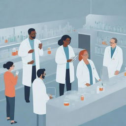 Illustration of a diverse group of scientists in a well-equipped laboratory, exchanging ideas and conducting experiments.