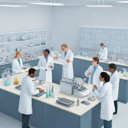 Illustration of a diverse group of scientists in a well-equipped laboratory, exchanging ideas and conducting experiments.