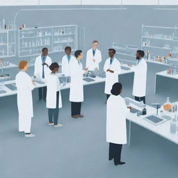 Illustration of a diverse group of scientists in a well-equipped laboratory, exchanging ideas and conducting experiments.