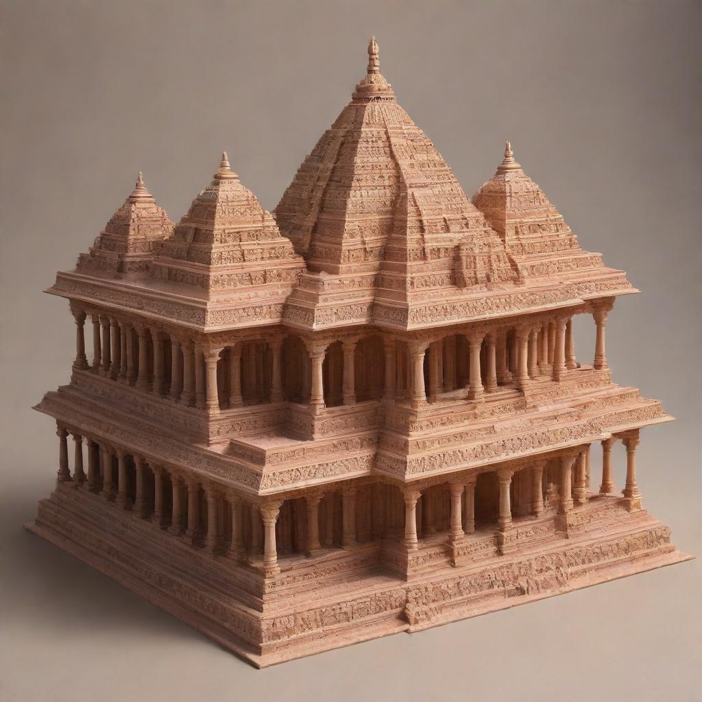 A detailed representation of the majestic Ram Mandir, an iconic Hindu temple. The temple should be bathed in sunrise light with intricate carvings on the sandstone structure.