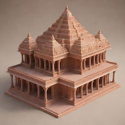 A detailed representation of the majestic Ram Mandir, an iconic Hindu temple. The temple should be bathed in sunrise light with intricate carvings on the sandstone structure.