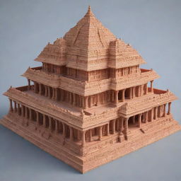 A detailed representation of the majestic Ram Mandir, an iconic Hindu temple. The temple should be bathed in sunrise light with intricate carvings on the sandstone structure.