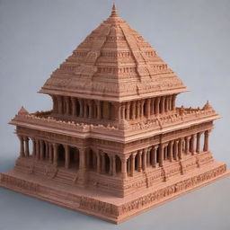 A detailed representation of the majestic Ram Mandir, an iconic Hindu temple. The temple should be bathed in sunrise light with intricate carvings on the sandstone structure.