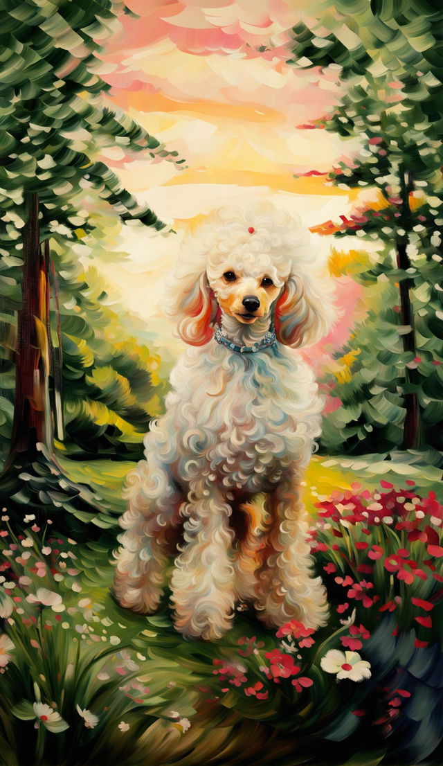 Impressionistic museum gallery painting of a white groomed poodle in a nature park landscape.