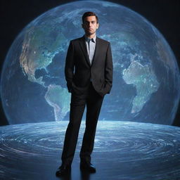 An IT professional stands on a representation of the earth, encapsulated by swirling, holographic programming code. He gazes forward, poised and focused.