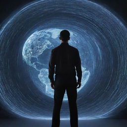 An IT professional stands on a representation of the earth, encapsulated by swirling, holographic programming code. He gazes forward, poised and focused.