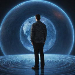 An IT professional stands on a representation of the earth, encapsulated by swirling, holographic programming code. He gazes forward, poised and focused.