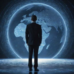 An IT professional stands on a representation of the earth, encapsulated by swirling, holographic programming code. He gazes forward, poised and focused.