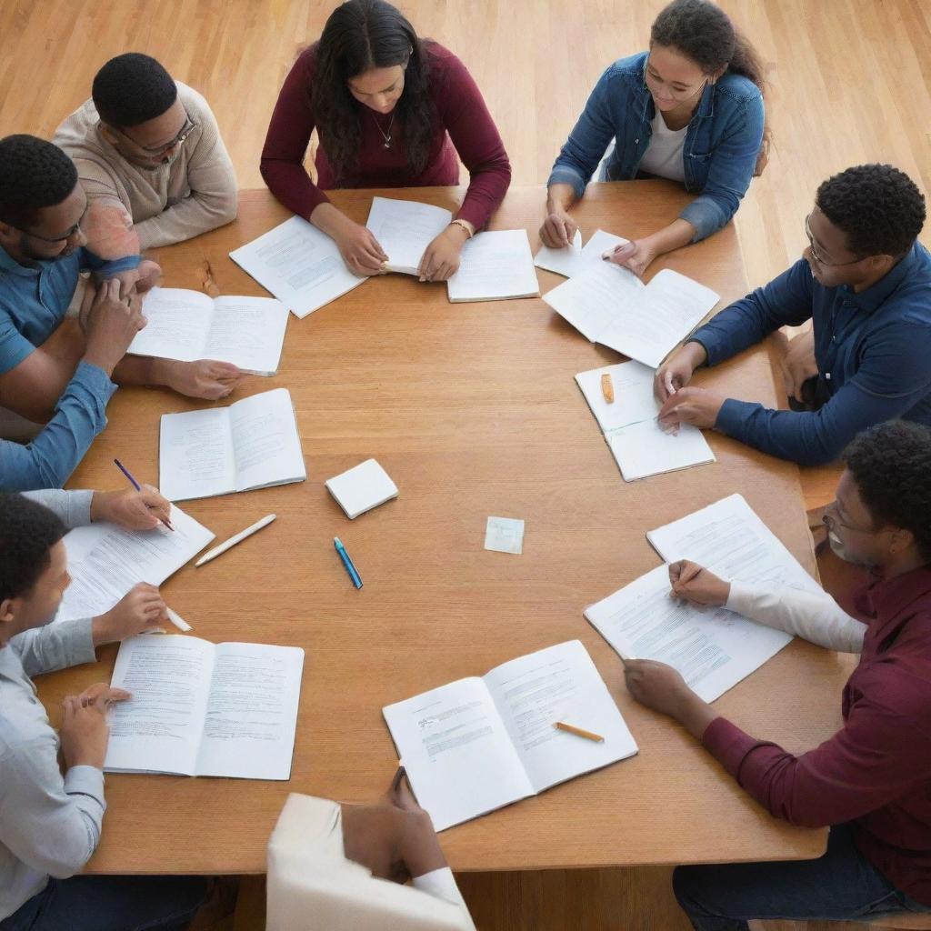 Diverse group of people collaborating around a large wooden table, with various educational tools (books, laptops, whiteboard) present and clearly engaged in learning.