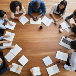 Diverse group of people collaborating around a large wooden table, with various educational tools (books, laptops, whiteboard) present and clearly engaged in learning.