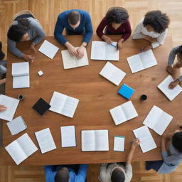 Diverse group of people collaborating around a large wooden table, with various educational tools (books, laptops, whiteboard) present and clearly engaged in learning.