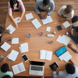 Diverse group of people collaborating around a large wooden table, with various educational tools (books, laptops, whiteboard) present and clearly engaged in learning.